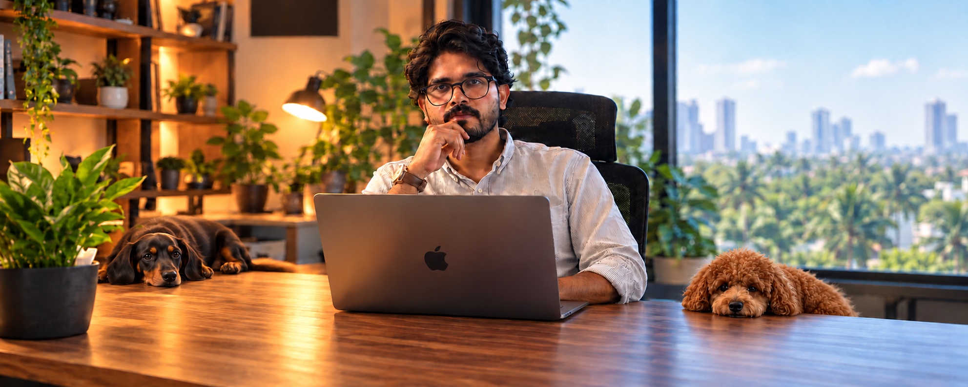 AI-edited portrait of Amal at his laptop with his two dogs