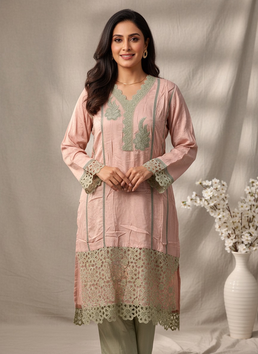 AI studio model image of the pink kurti displayed on Ecom Model Studio
